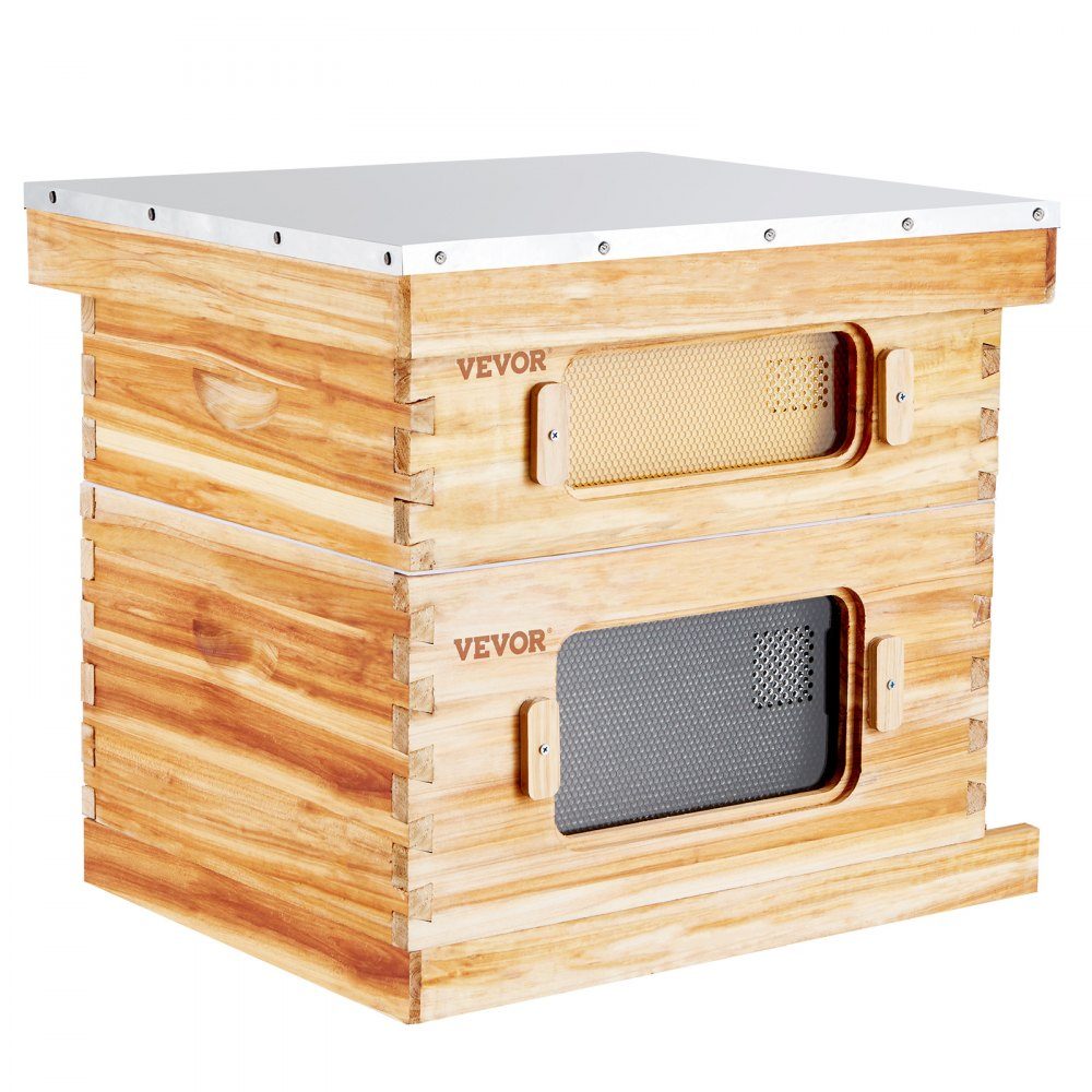 Beehive, 20 Frames, Zander Beehive, Beeswax Coated Fir Wood, 1 Deep + 1 Medium Bee Box, Langstroth Beehive Set, Clear Acrylic Windows with Foundations