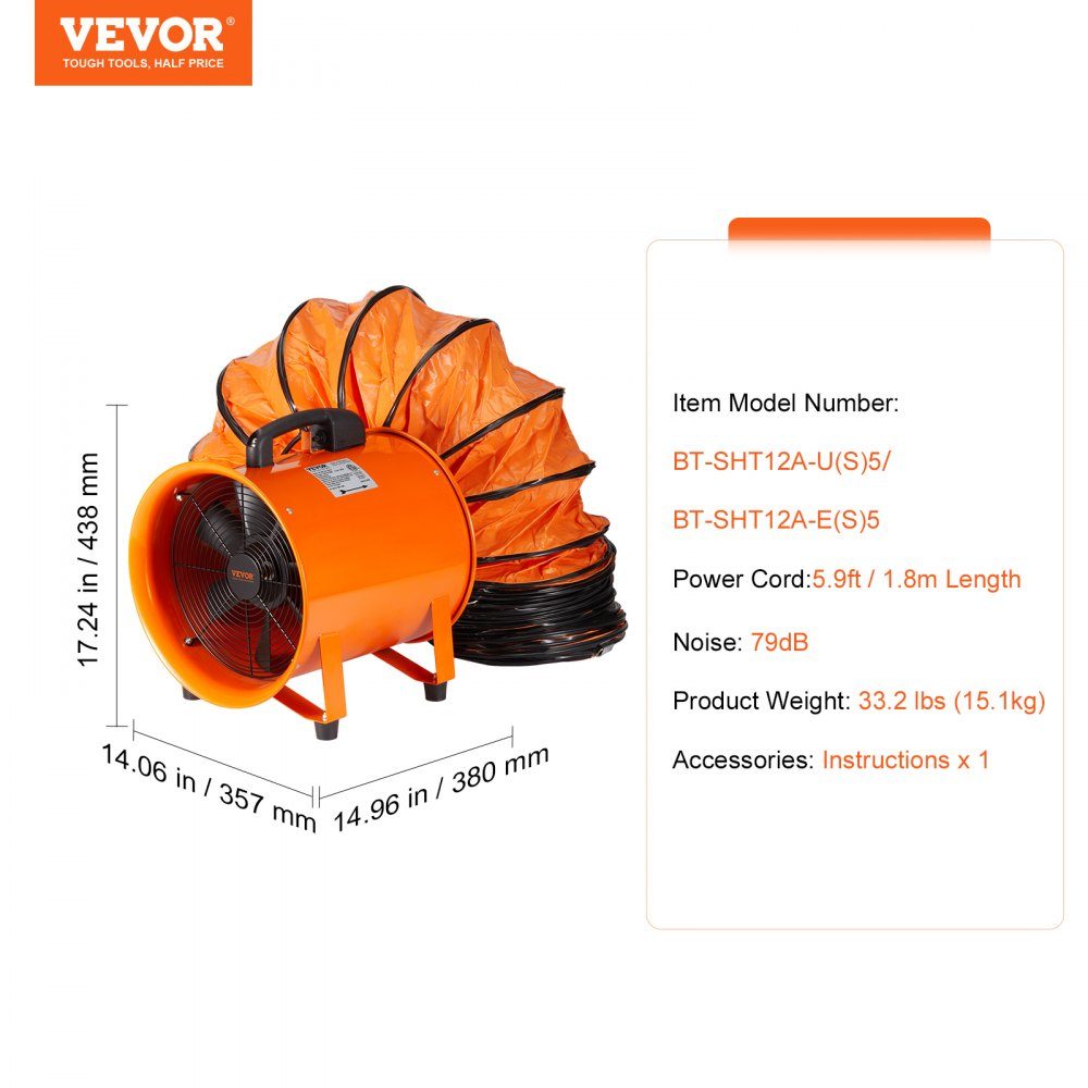 Bauventilator 367 W AC-Motor Bauventilator 2800 U/min Bauventilator Gebläse 2574 CFM (4373 m3/h) Axialventilator mit 5 m Schlauch Axialventilator 79 dB Geräuschpegel Industrieventilator