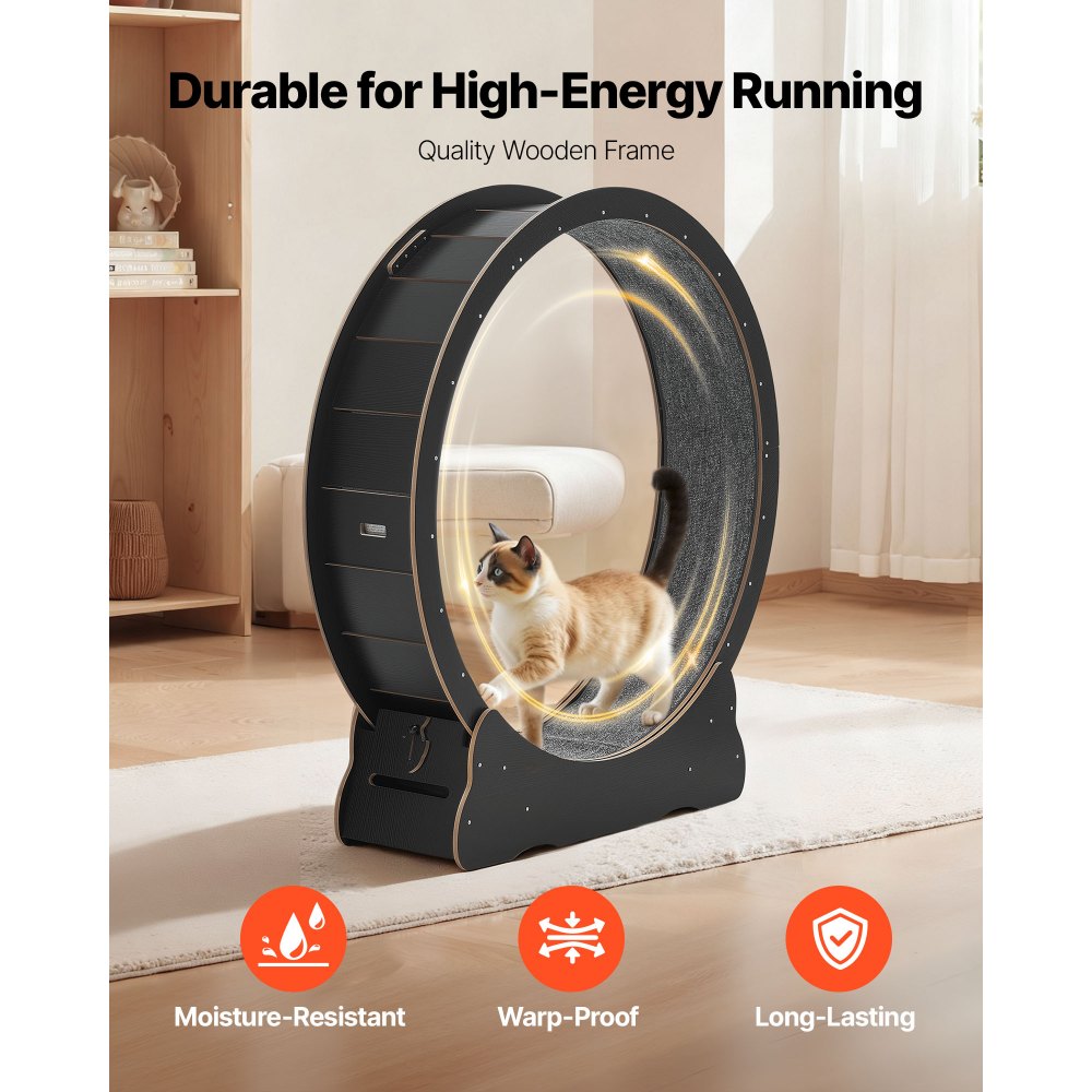 Roue d'exercice pour chat, diamètre intérieur 118 cm, roue d'exercice en bois pour chats jusqu'à 13,6 kg, tapis roulant pour chat avec bande de roulement en tapis et mécanisme de verrouillage, jouet silencieux pour chat d'intérieur, noir Roue d'exercice pour chat, diamètre intérieur 118 cm, roue d'exercice en bois pour chats jusqu'à 13,6 kg, tapis roulant pour chat avec bande de roulement en tapis et mécanisme de verrouillage, jouet silencieux pour chat d'intérieur, noir