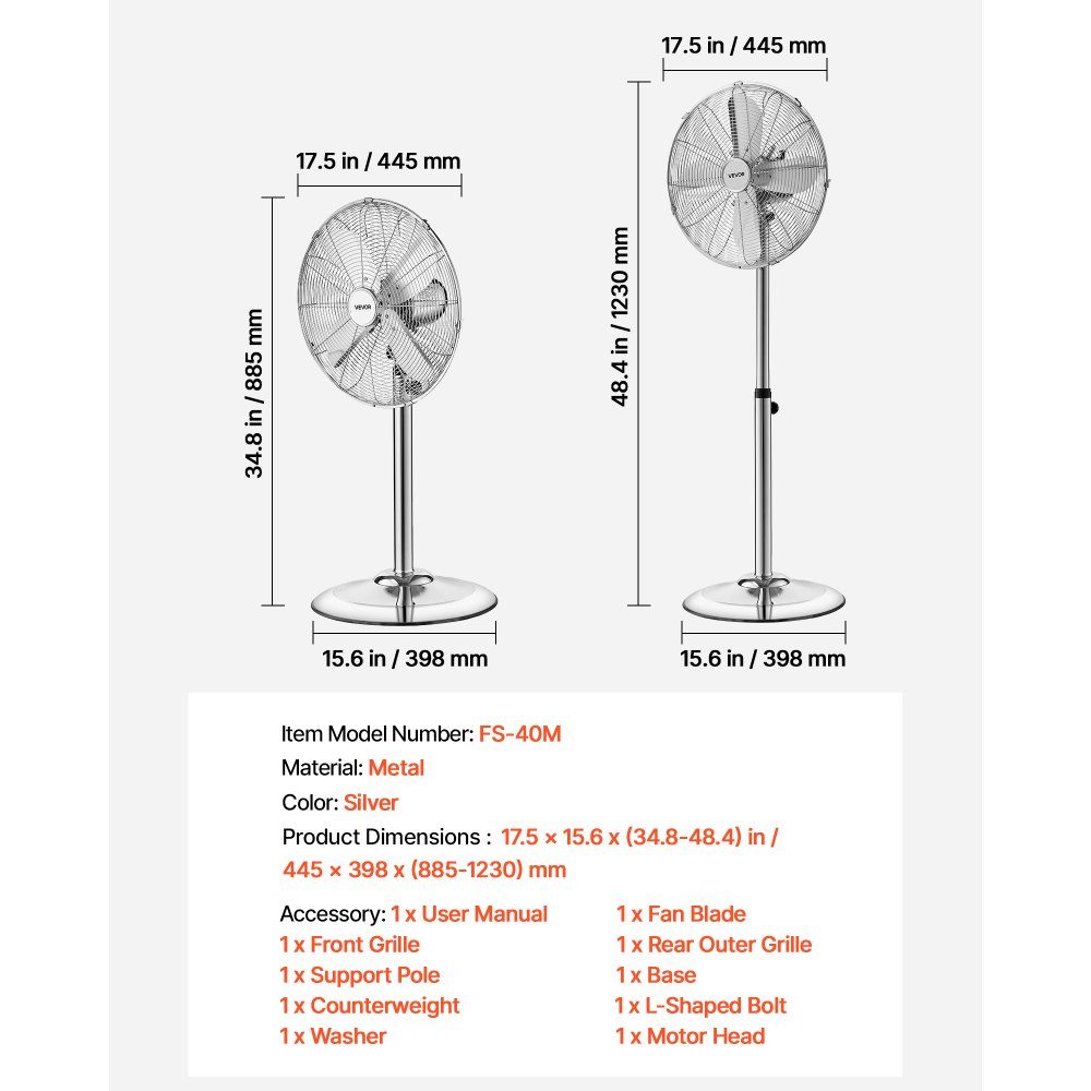 Pedestal fan φ44.5 cm, industrial fan with handle, 75° oscillating, 88.5 to 123 cm height adjustable, metal wind machine, suitable for commercial, garage, workshop and home, silver