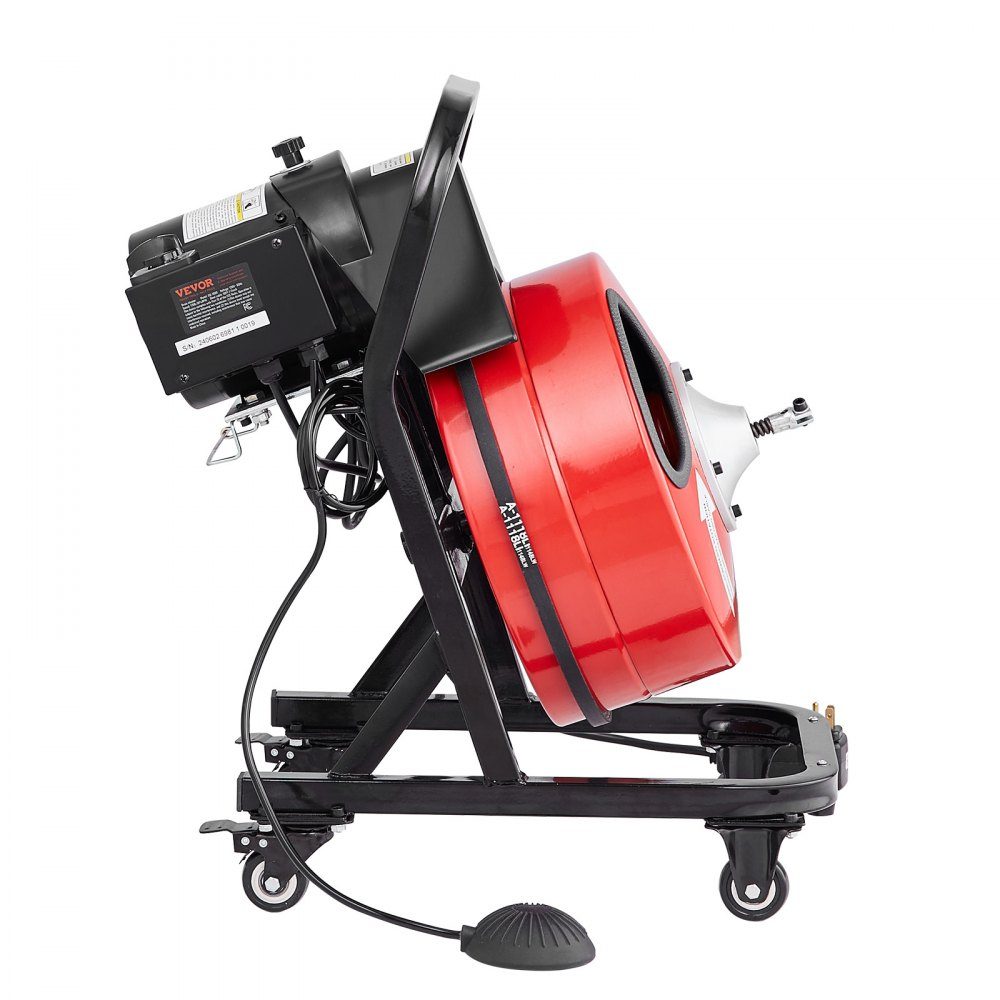 Rohrreinigungsmaschine 50 FT x 1/2 Zoll Manuelle Rohrreinigungsmaschine mit Rädern, 4 Schneidern und luftaktiviertem Fußschalter für 2 bis 4 Zoll Rohre