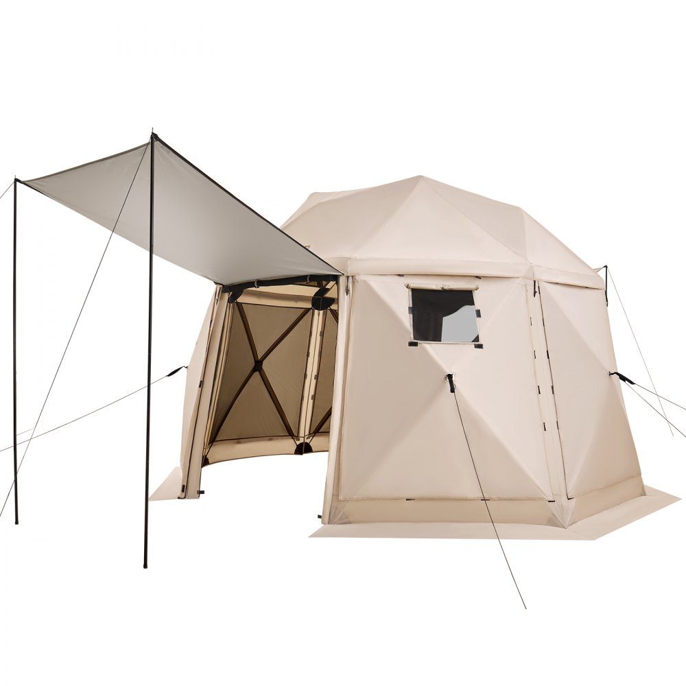 Tonnelle escamotable 3,6 m x 3,6 m, tente de camping sphérique à 13 côtés avec toit amovible et sac de transport, ventilation à 360°, pare-soleil, tente de fête pour 8 à 10 personnes, beige
