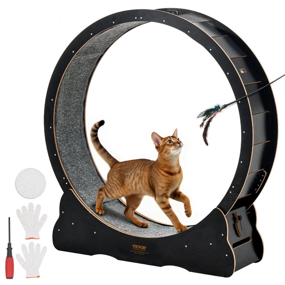 Cat Exercise Bike 1080mm Inner Diameter Wooden Exercise Wheel for 8.6-12.7kg Cats Cat Treadmill with Carpet Floor and Locking Mechanism Quiet Toy for Indoor Cats Black