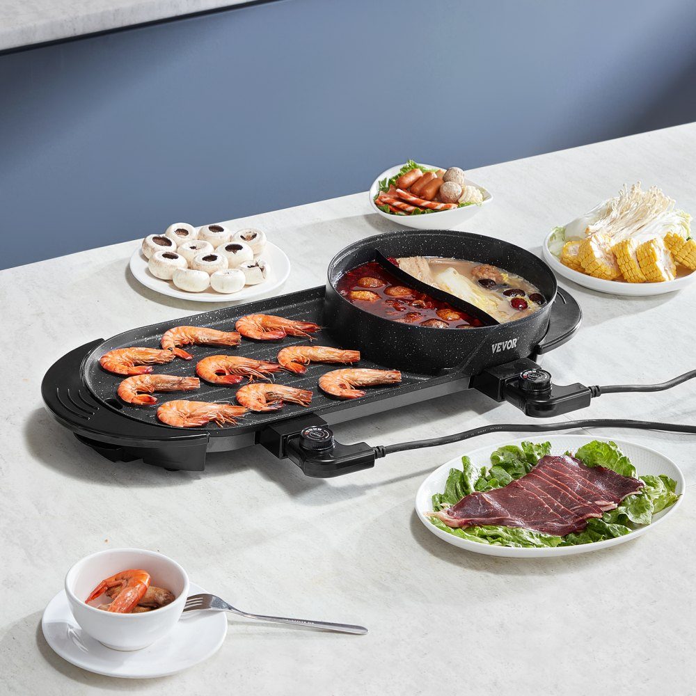 Hot Pot with Grill, 2200W 2-in-1 Electric Smokeless Grill and Hot Pot, Korean BBQ Shabu Dutch Oven with Separate Dual Temperature Control and Non-Stick Pans