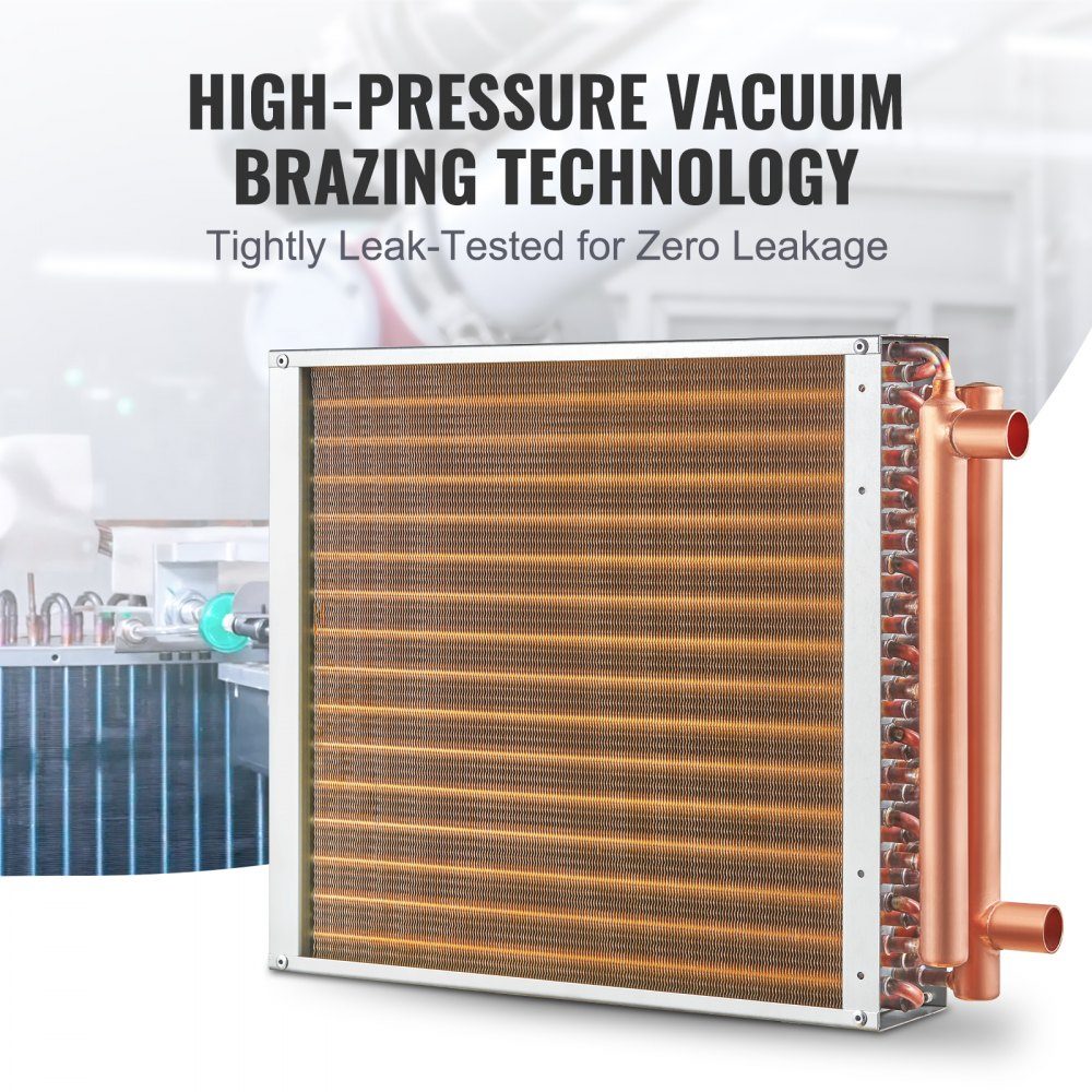 16" x 16" water to air heat exchanger with 3 row 9.53mm copper connections, 193 aluminum fin heat exchanger for wood stoves, residential heating and cooling and forced air heating