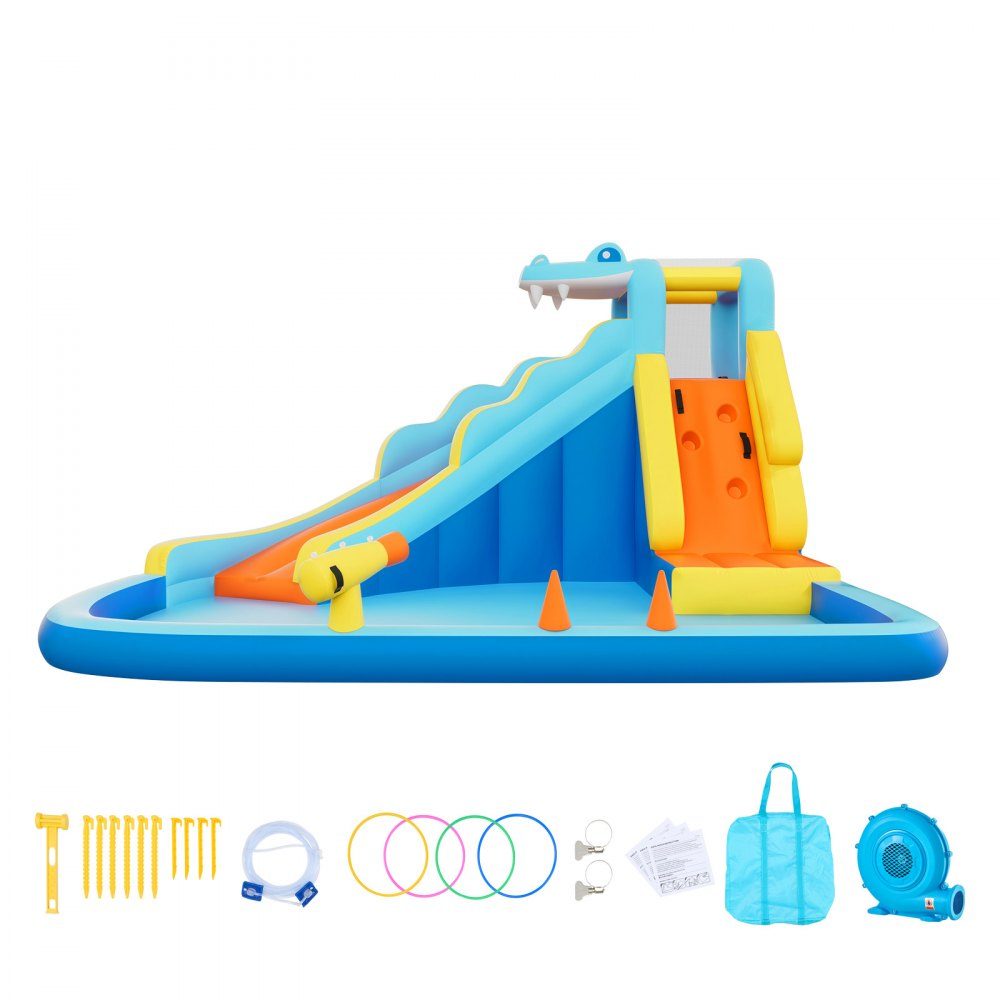 Aufblasbare Wasserhüpfburg Outdoor (353 x 400 x 235 cm), Hüpfburg mit Wasserrutsche (Krokodil-Optik) & Kletterwand & Planschbecken & Wasserring-Wurfspiel, für 3-4 Kinder (3 bis 8 Jahre alt)