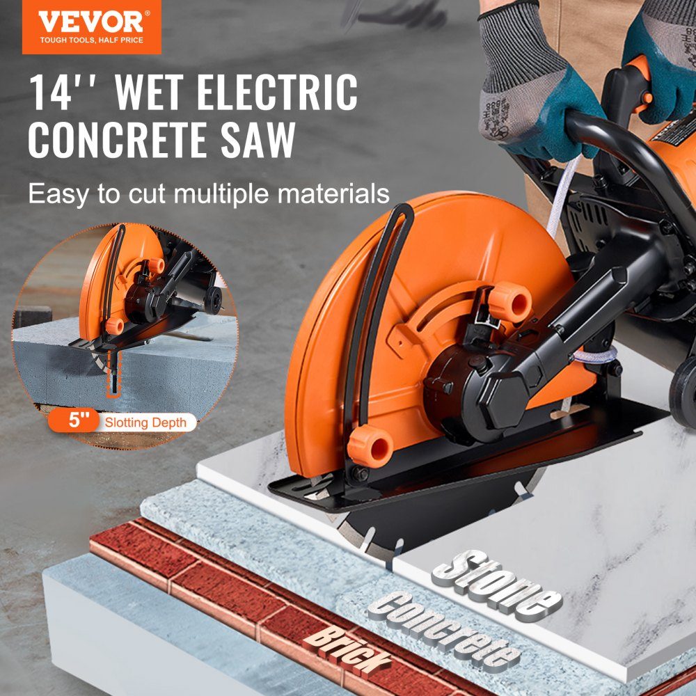 Electric Concrete Saw 356mm Heavy Duty Circular Saw 2800W Cutting Depth 127mm Wet/Dry Disc Saw with Water Pipe Water Pump Saw Blade for Stone and Brick