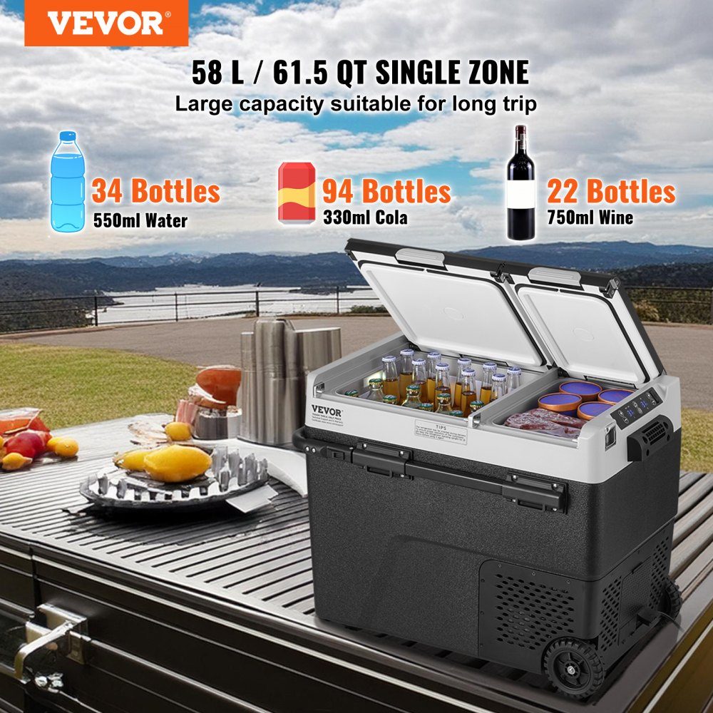 Portable Car Fridge, 12V Car Fridge, 58L/61.5QT Portable Dual Zone Freezer, -20°C to 20°C Adjustable Temperature, Compressor Cooler for Home, Outdoor, Camping