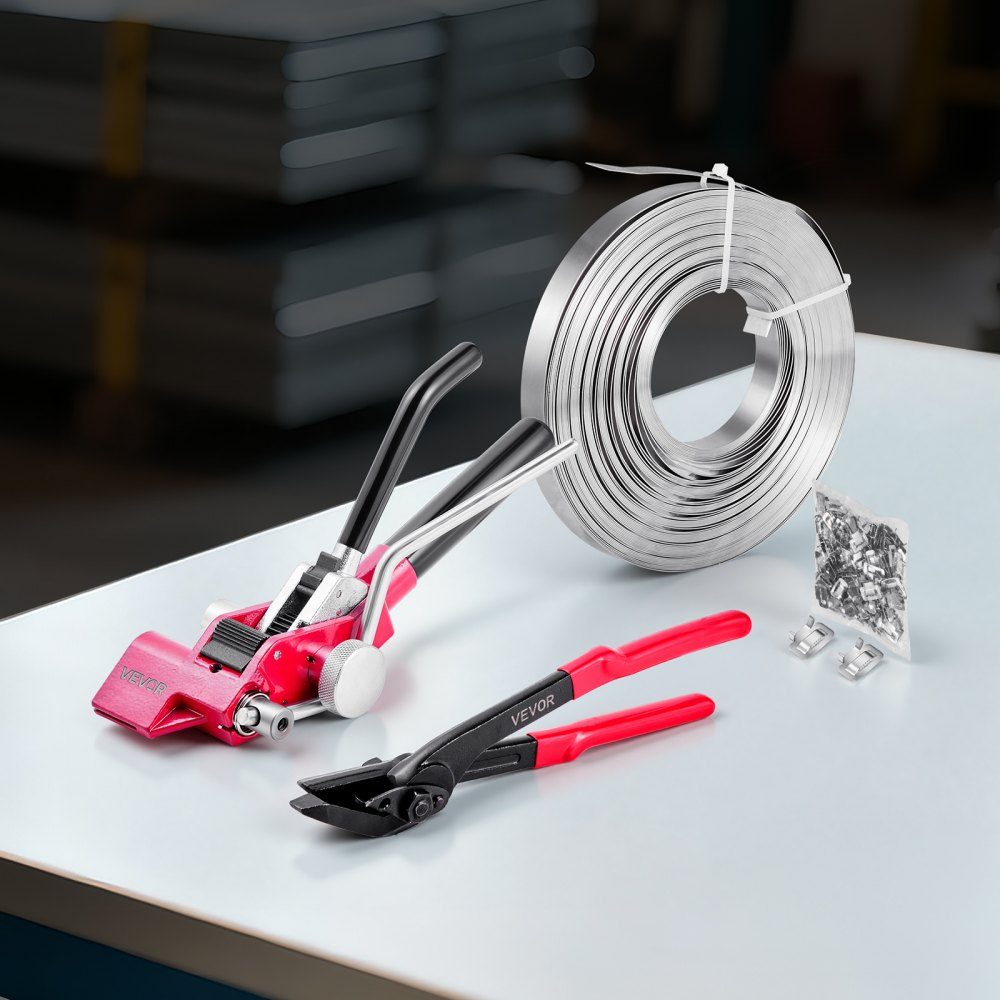 4-piece steel strapping set, manual strapping tool with 122m metal strapping, 400 metal clips and cutters, perfect workshop equipment for industrial packaging, transport and storage