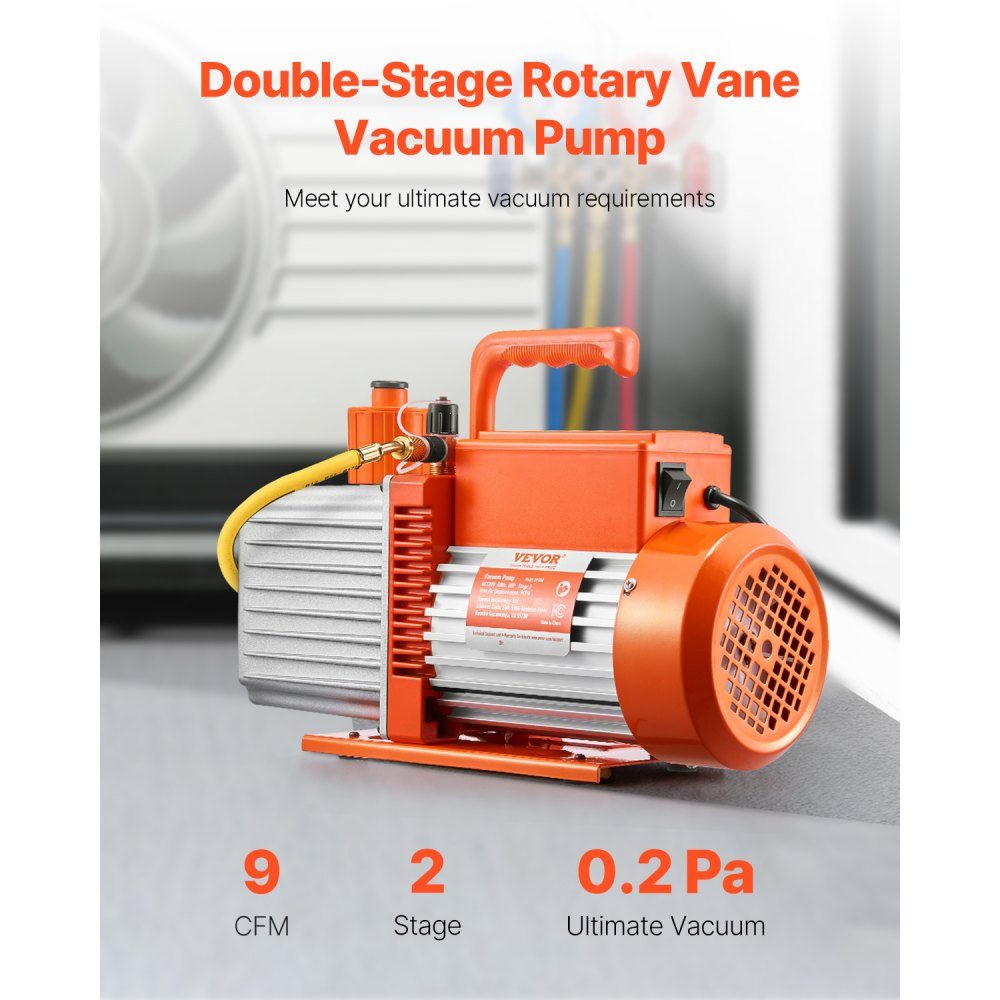 Vacuümpomp 9 CFM HVAC 2-traps draaischuifvacuümpomp voor R134a R22 R410a-systemen Auto AC-vacuümpompset met harsontgassing oliefles voor auto-airconditioneronderhoud