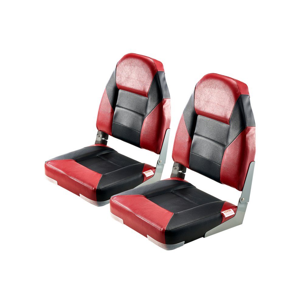 2pcs High Back Boat Seat Folding Fishing Boat Seat with Thick Sponge Cushion and Waterproof PVC Leather Aluminum Alloy Hinges Black and Red