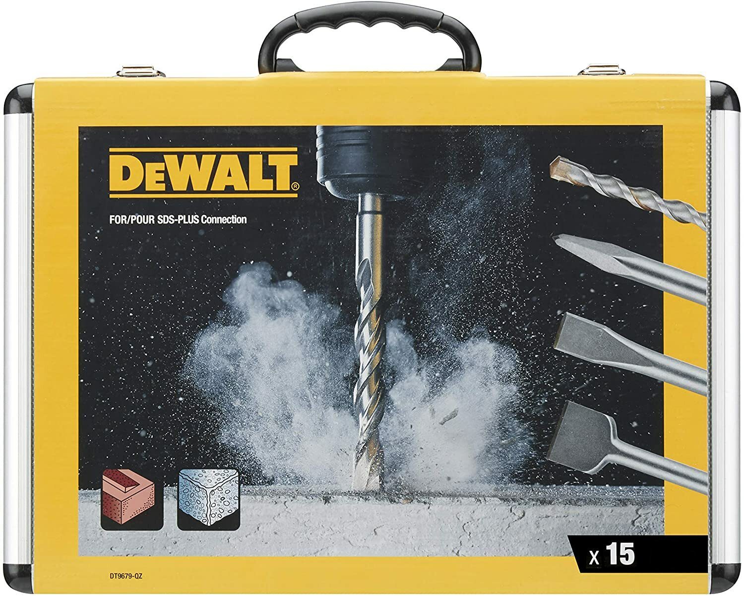 Dewalt SDS-plus Meißel- und Bohrerset (4x Flachmeißel, 1 Spitzmeißel, 10 Bohrer, für Bohrarbeiten in Mauerwerk/Stein, mit Aluminiumkoffer)
