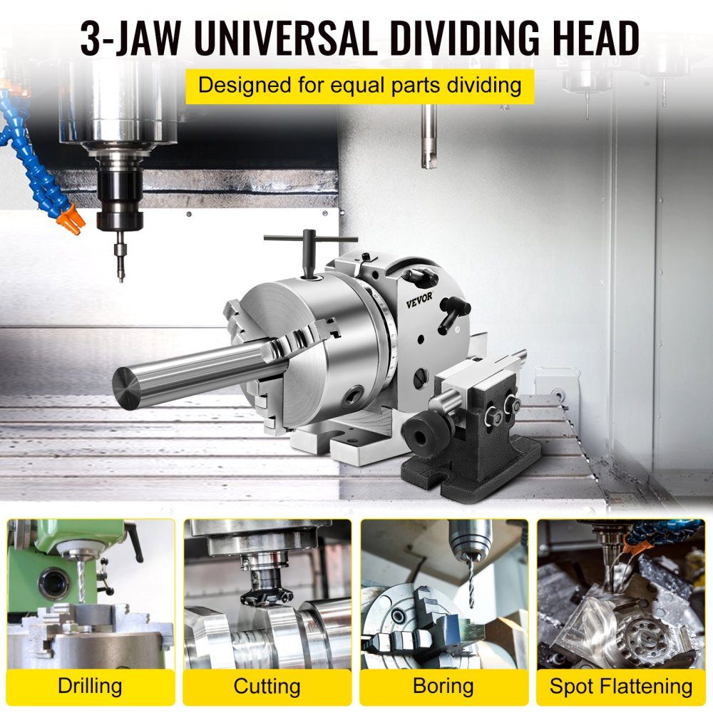 Dividing head with jaw chuck MK2, rotary table with indexing center height 100 mm, dividing head 23 kg, rotary table with plates, a strong support for the machined workpiece