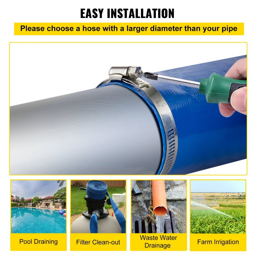 Ablaufschlauch, 38 mm x 32 m, Flachschlauch aus PVC-Gewebe, robuster Rückspül-Ablaufschlauch mit Klemmen, wetterfest und platzsicher, ideal für Schwimmbad und Wasserübertragung, Blau