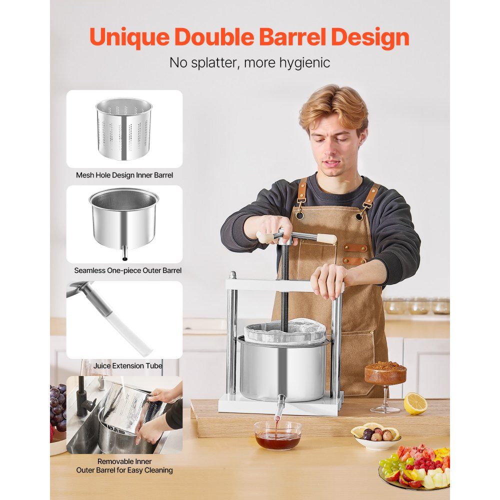 Fruit Wine Press, Fruit Grinder (5L), with 2 Stainless Steel Barrels, Manual Juicer for Wine Making, Cider Press, Apple Press, Grape Press, Olive Oil Press with Triangular Handle for Kitchen