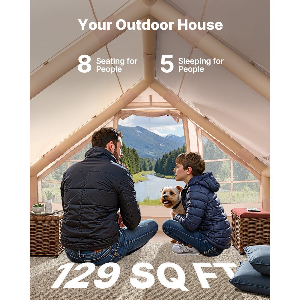 Opblaasbare kampeertenten 4 x 3 x 2 m 5-8 personen 300D Oxford glamping tent met kachelpoort, handpomp, 2 deuren en 4 gaasramen, inclusief opbergtas voor gemakkelijk transport
