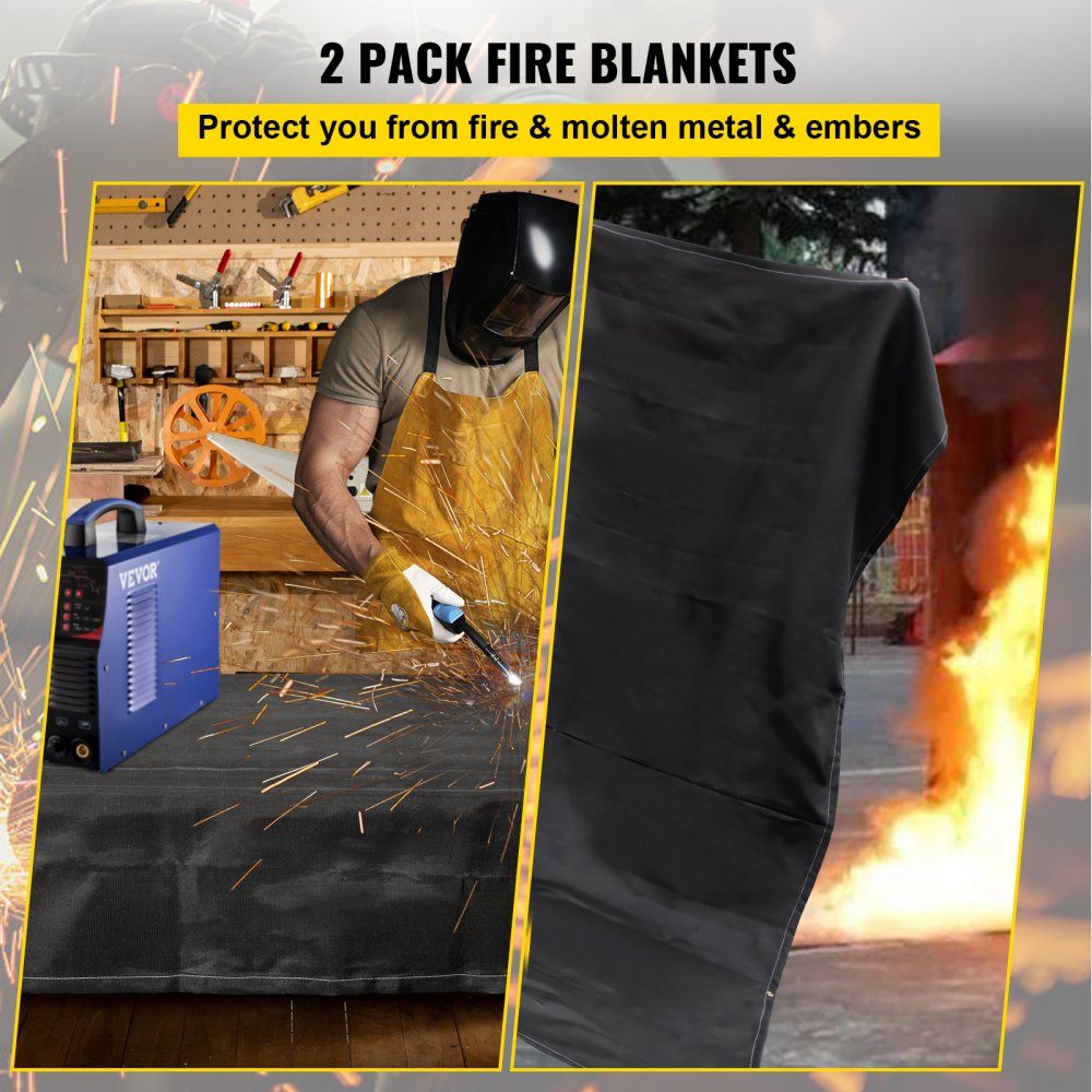 Welding Blanket, 2 Pack Welding Blankets, 8x10ft Fire Blanket, 1022°F Flame Retardant Blanket, Black Fire Emergency Blankets, Fire Retardant Fiberglass Blanket with 12 Brass Grommets