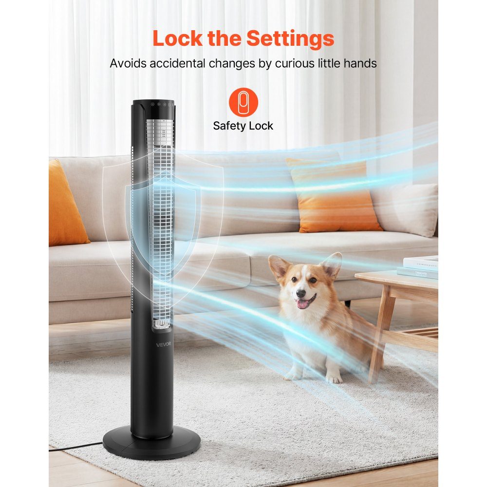 Torenventilator van 60 W, kolomventilator van 107 cm met 3 snelheden, 4 modi, 12-uurs timer, 70 ° oscillerende ventilator met afstandsbediening, stille voetstukventilator voor slaapkamer, kantoor, zwart