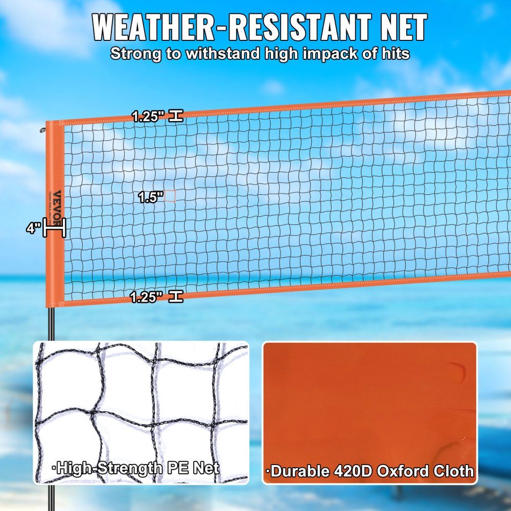 Volleyball Net Height Adjustable Volleyball Net Set, 4.3x2.2m Portable Beach Volleyball Net, Orange Volleyball Net, Foldable Volleyball Net with Volleyball & Carry Bag, for Garden, Beach