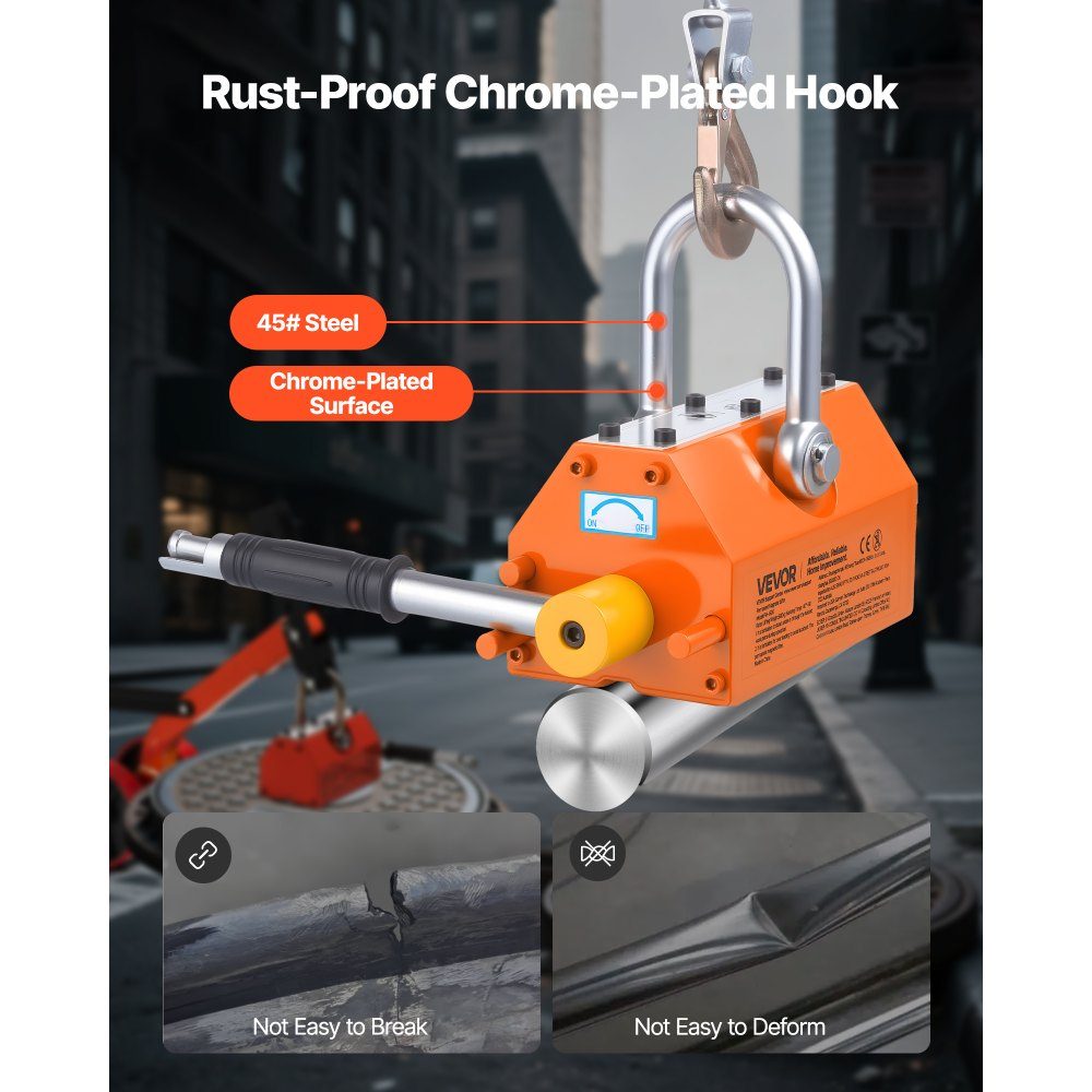 Load lifting magnet permanent magnet lifter with chassis, 600 kg pulling force, steel chassis with heavy-duty magnetic lifter & 2 wheels & adjustable handle, for lifting manhole covers