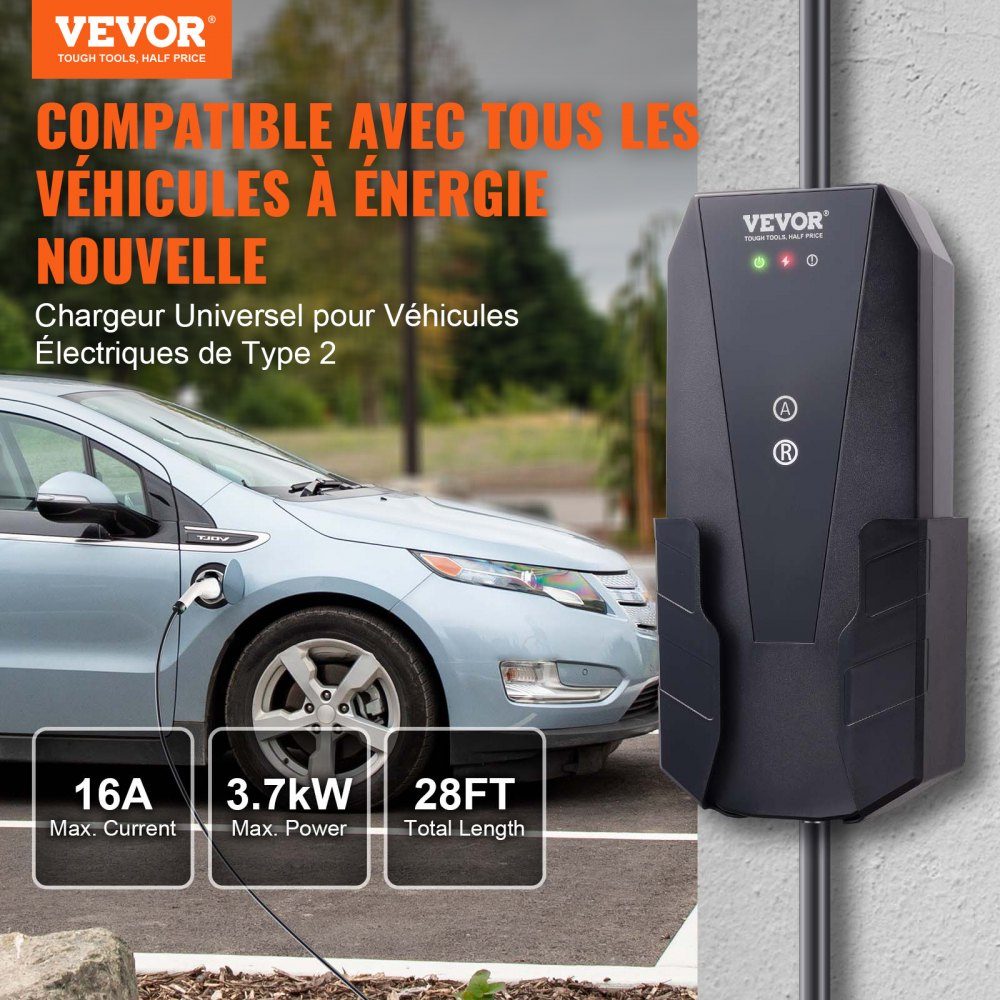 Portable EV charger 3.68kW electric vehicle charger EV charging cable type 2 (IEC62196) CEE 7/7 plug 8-16A 1-phase EV charging station 8.6m cable length IP66 waterproof wallbox