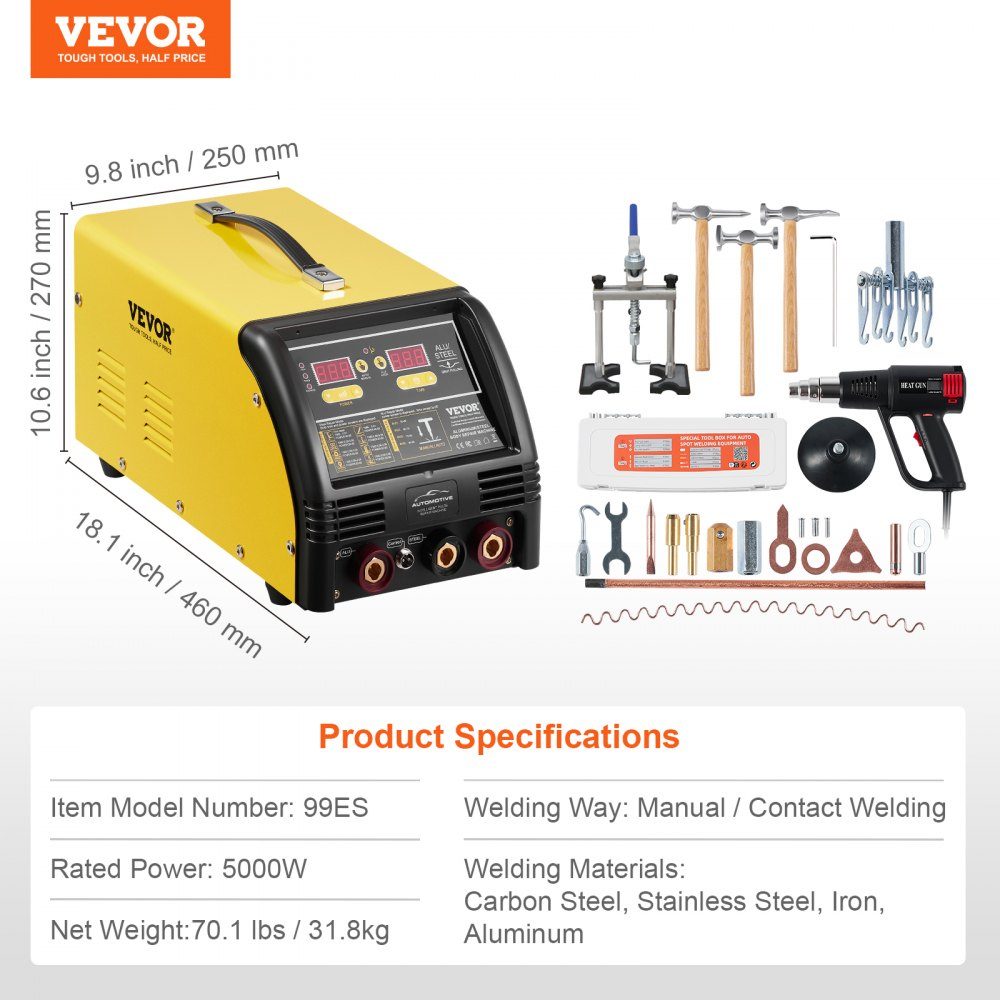 Dual Dent Spotter Deluxe AL/Fe deukreparatieset, 5 kW lasapparaat met automatisch/handmatig lassen en 10 modi, puntlasapparaat voor reparatie van auto-onderdelen van staal en aluminium