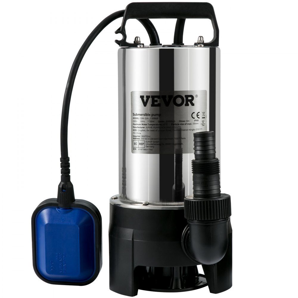 Tauchpumpe 1100 W Schmutzwasserpumpe 230 V Gartenpumpe Durchfluss 333,3 l/min Schmutzwasser-Tauchpumpe IPX8-Auslass zuschneidbar zum Pumpen von Wasser aus Schwimmbeckenteichen