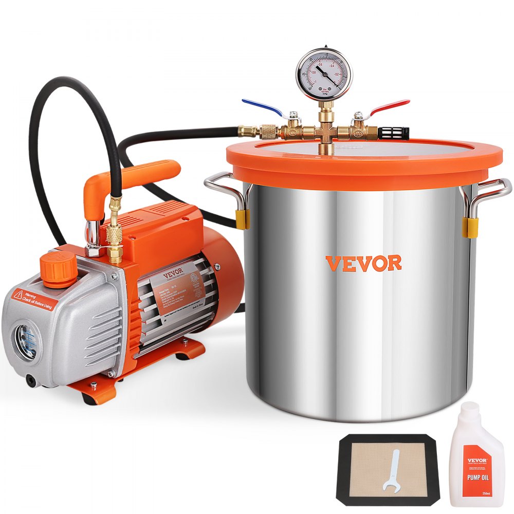 Vacuum pump with 11L vacuum chamber, 100L/min vacuum pump, 150W AC, 220V/50Hz, 1440RPM, 5Pa, 250ml oil capacity, HVAC vacuum equipment, cooling vacuum pump for wood stabilization, resin degassing