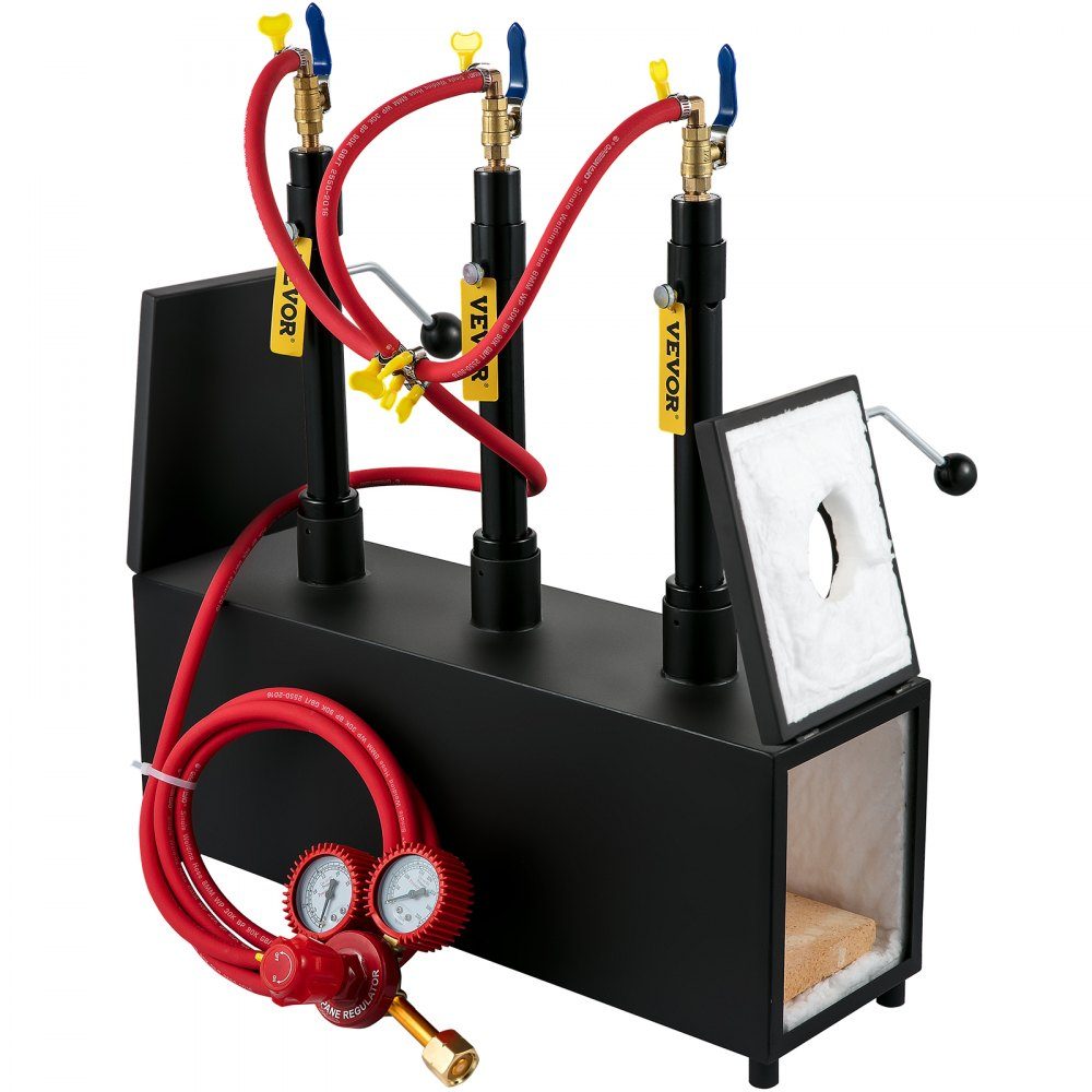 Gas-Schmiedeofen 1350 °C, Brenner-Schmiede 15 L, Schmiedeofen drei Brenner, zweitürige Auskleidung mit Aluminiumsilikatfaser, Metall-Schmiede max. Leistung 230,4 kWh / 786.000 BTU, Gasdruckregler