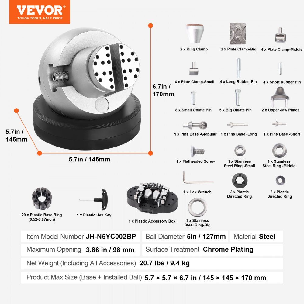 Kugelschraubstock, 5-Zoll-Gravur-Einstellwerkzeug, um 360° drehbarer Gravurblock-Schraubstock, 69-teiliger Aufsatz, Schmuck-Gravurblock-Werkzeuge, Standardblock für Edelsteineinlagen und kleine Gra