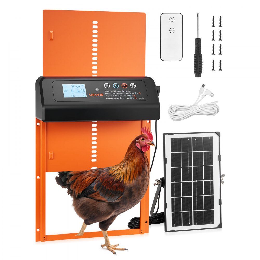 Chicken Flap, Solar and Battery Powered Chicken Door with LCD Display, Remote Control, Light Sensor and Timer, Anti-Pinch, Aluminum Alloy Chicken Coop Door, 350 x 250 x 73mm, Orange