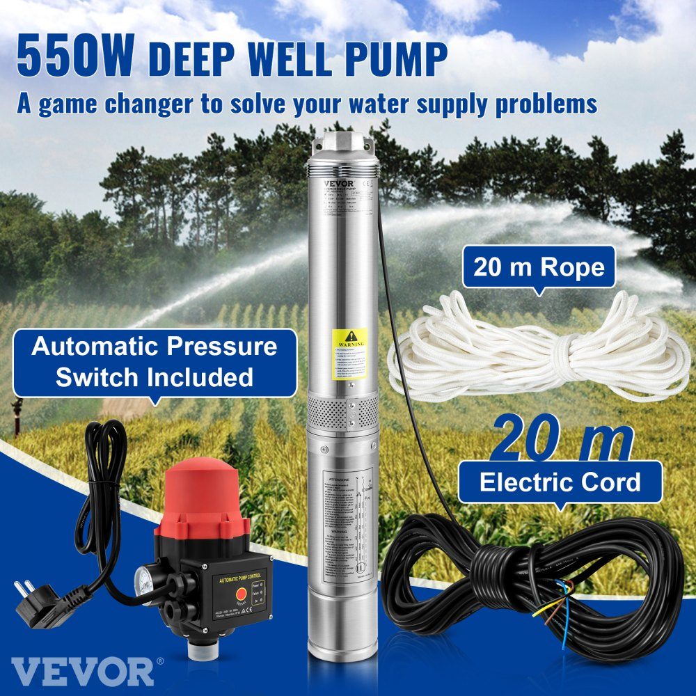 76 mm Tiefbrunnenpumpe 550 W Brunnenpumpe max. Durchfluss 50 L/min Tauchpumpe max. Förderhöhe 89 m Tauchwasserpumpe Sandbeständig < 5 % max. Geschwindigkeit