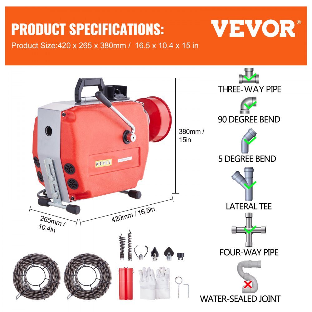 120ft x 7/8" Pipe Cleaning Machine, 420W Electric Pipe Cleaning Cable with Manual Feed - with 6 cutters, 2 steel cables (120ft x 7/8" and 18ft x 3/8") and CW/CCW control for 1.9" to 6" pipes