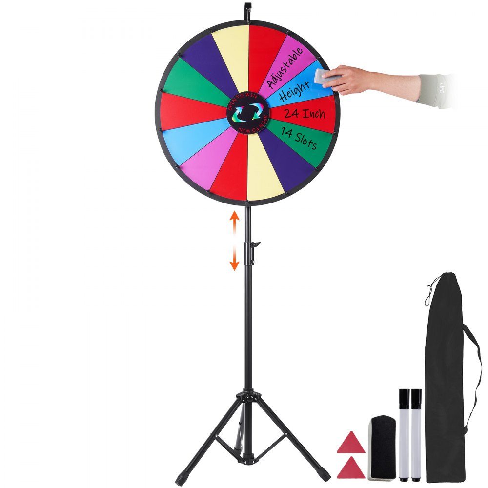 Roue de la Fortune (601 mm) avec 14 compartiments et support réglable en hauteur (1125-1530 mm) ainsi qu'une roue de roulette essuyable et un sac de rangement, une roue de prix rotative pour les fêtes, pubs, foires et foires