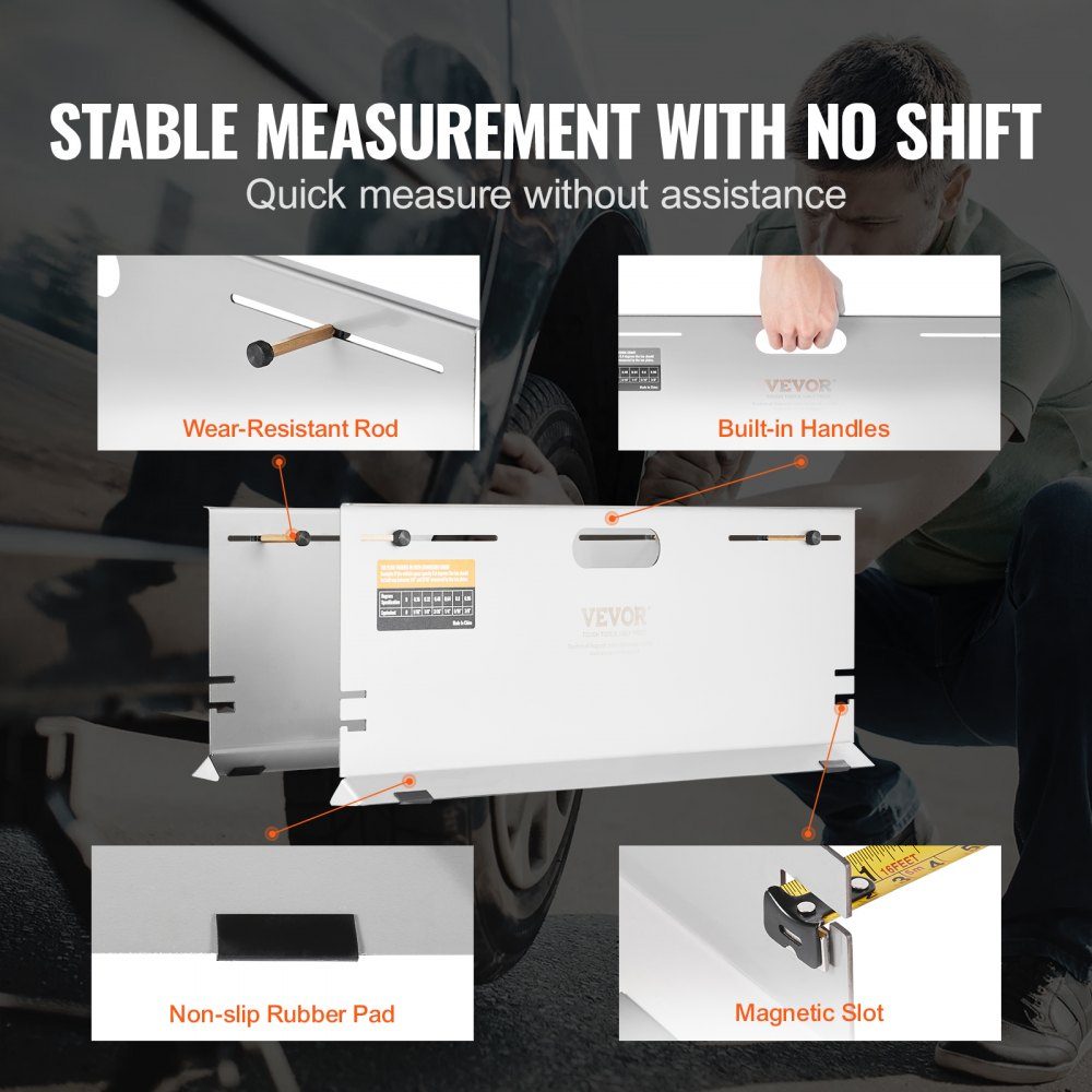 Wheel alignment device, pack of 2 wheel alignment plates, stainless steel toe angle measuring plate, 4 alignment rods and magnetic slots, including tape measures and conversion table