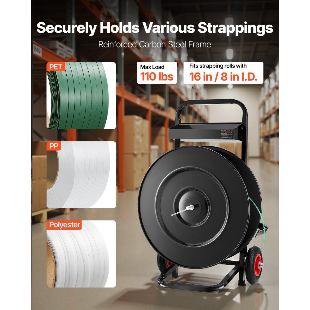 Distributeur, adapté aux rouleaux de cerclage PET/PP/polyester mit 203/406 mm, distributeur de cerclage avec système de freinage amélioré, espace de rangement spacieux intégré pour les outils