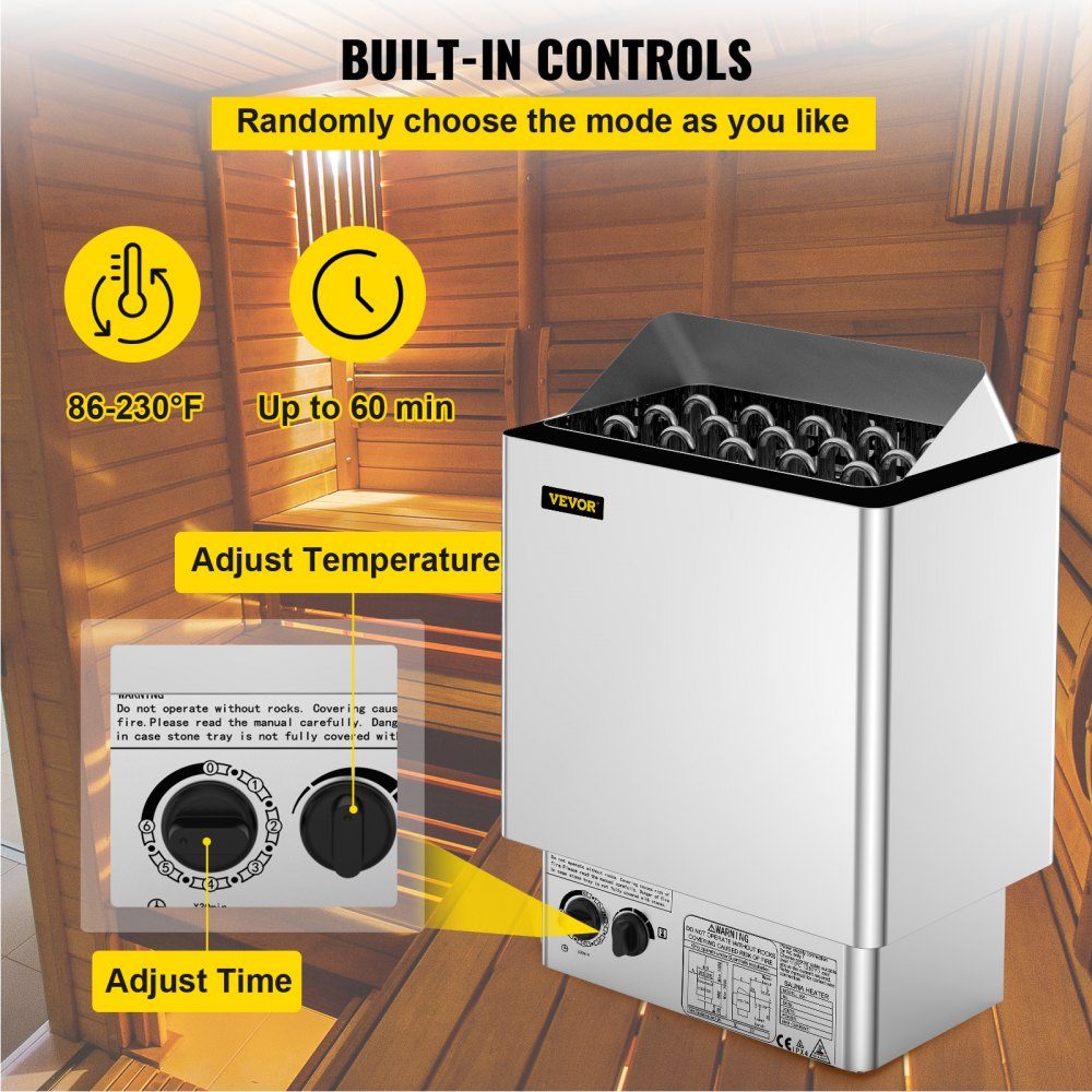 Saunaofen 9 KW, Sauna-Elektroherd 380 V - 415 V, Edelstahl-Saunaofen 20 kg Saunasteine, elektrischer Saunaofen 2 Modi (Temperatur, Zeit), für 9-13 m³ Saunaraum, 190 cm Höhe, mit Wandhalterung