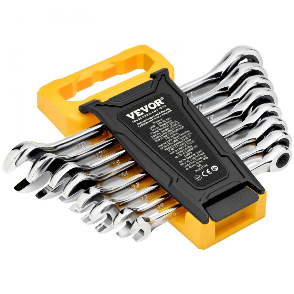 Wrench Set, 8 Piece Ratchet Wrench Set with Organizer Rack, Cr-V Steel Metric 8mm to 19mm Wrench Set, Ideal for General Car Repairs in Home, Garage, Workshop
