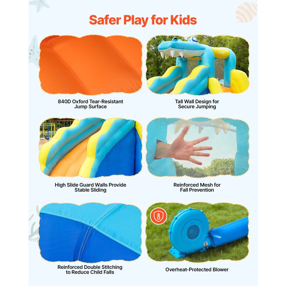 Aufblasbare Wasserhüpfburg Outdoor (353 x 400 x 235 cm), Hüpfburg mit Wasserrutsche (Krokodil-Optik) & Kletterwand & Planschbecken & Wasserring-Wurfspiel, für 3-4 Kinder (3 bis 8 Jahre alt)
