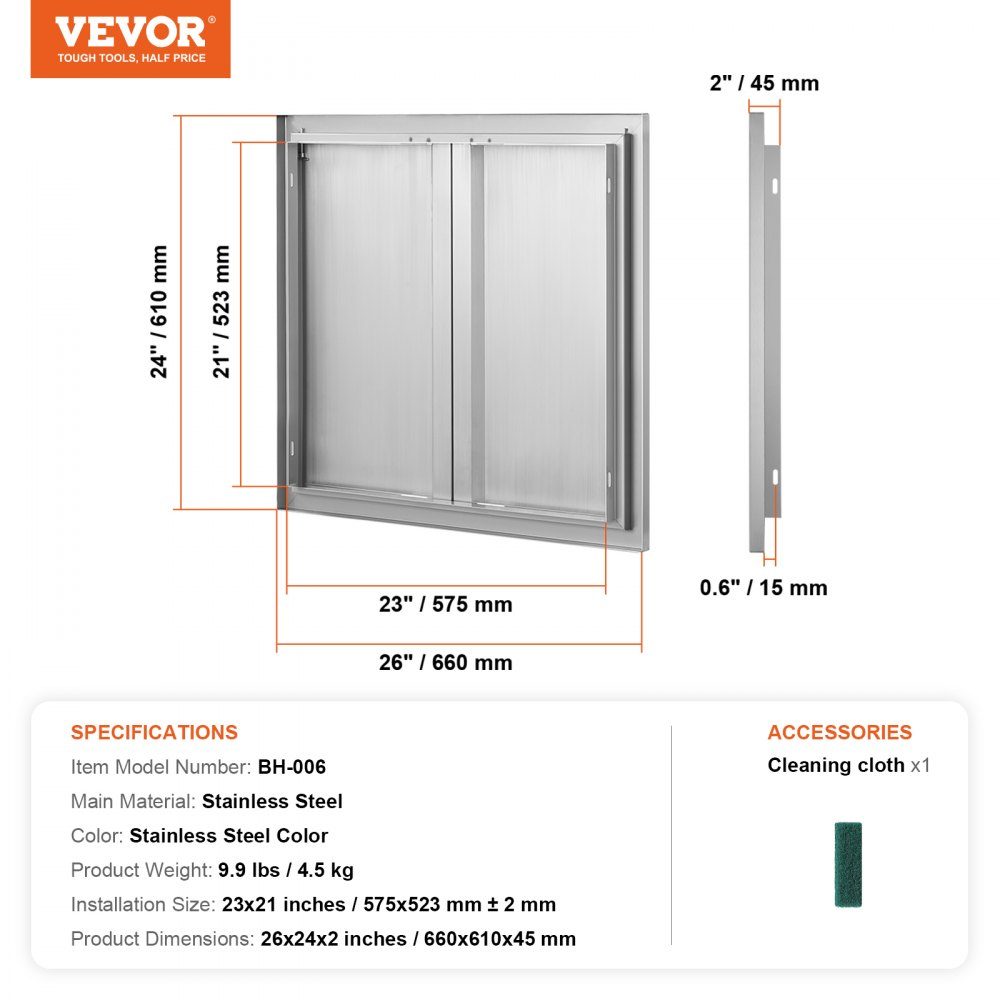 Grilltoegangsdeur 660x610mm Dubbele buitenkeukendeur Inbouw roestvrijstalen deur Verticale muurdeur met intrekbare handgrepen voor grilleiland Grillstation Buitenkast