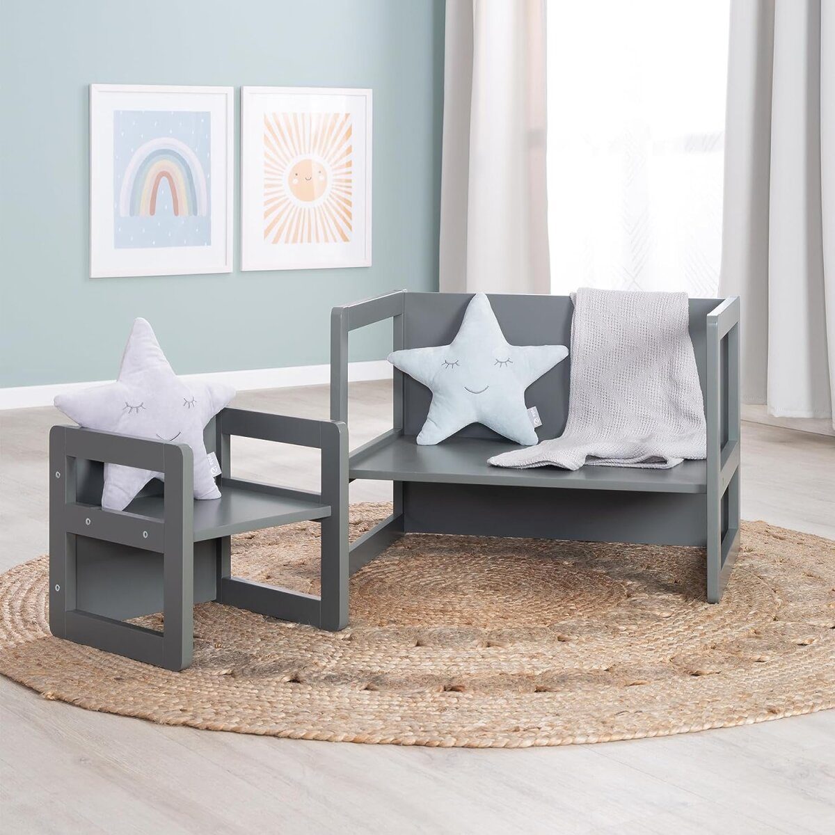 roba children's seating group 3in1 - reversible stool & table - convertible into a children's bench, anthracite