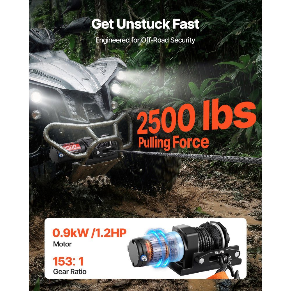 Electric Winch 1134kg 12V DC Motor Winch with 4.8mm x 12m Synthetic Rope and Wired Remote Control IP55 Aluminum Housing Electric Winch for ATV Towing Black