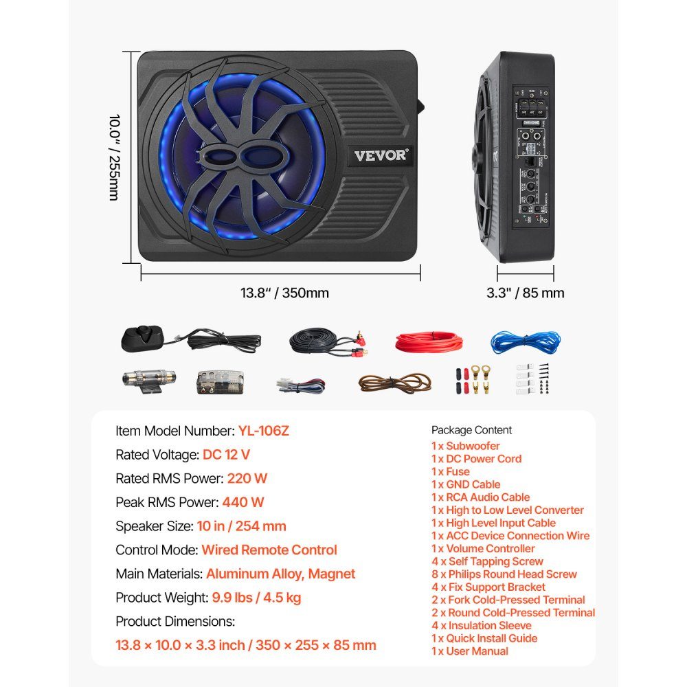 Subwoofer samochodowy pod siedzeniem 440 W 254 mm Smukły subwoofer samochodowy pod siedzeniem z wbudowanym wzmacniaczem, wejściem wysokiego/niskiego poziomu i regulacją głośności dla SUV-ów Ciężarówki