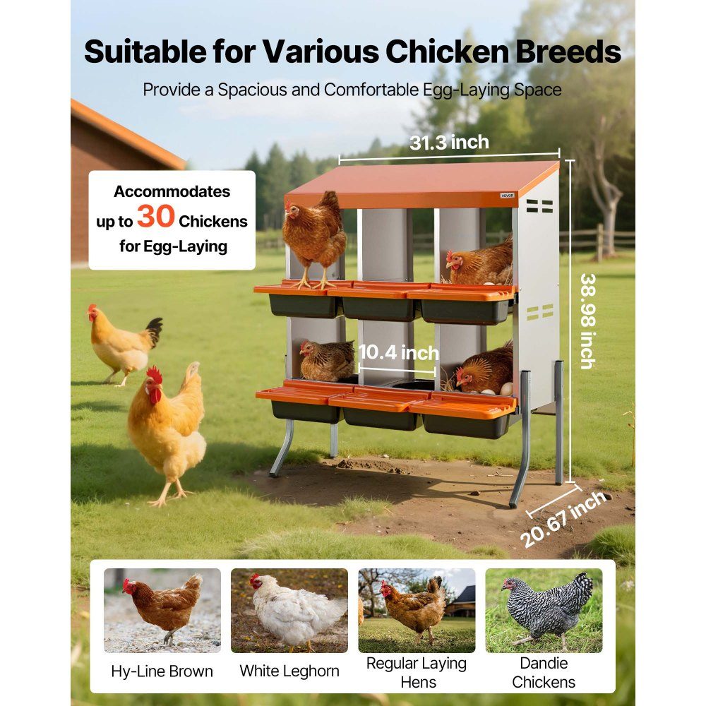 2-tier laying nest 795x525x990 mm, 6 compartments, metal chicken nest with support legs, poultry nest, roll-off nest, ideal for hens, ducks, chickens & other poultry, orange