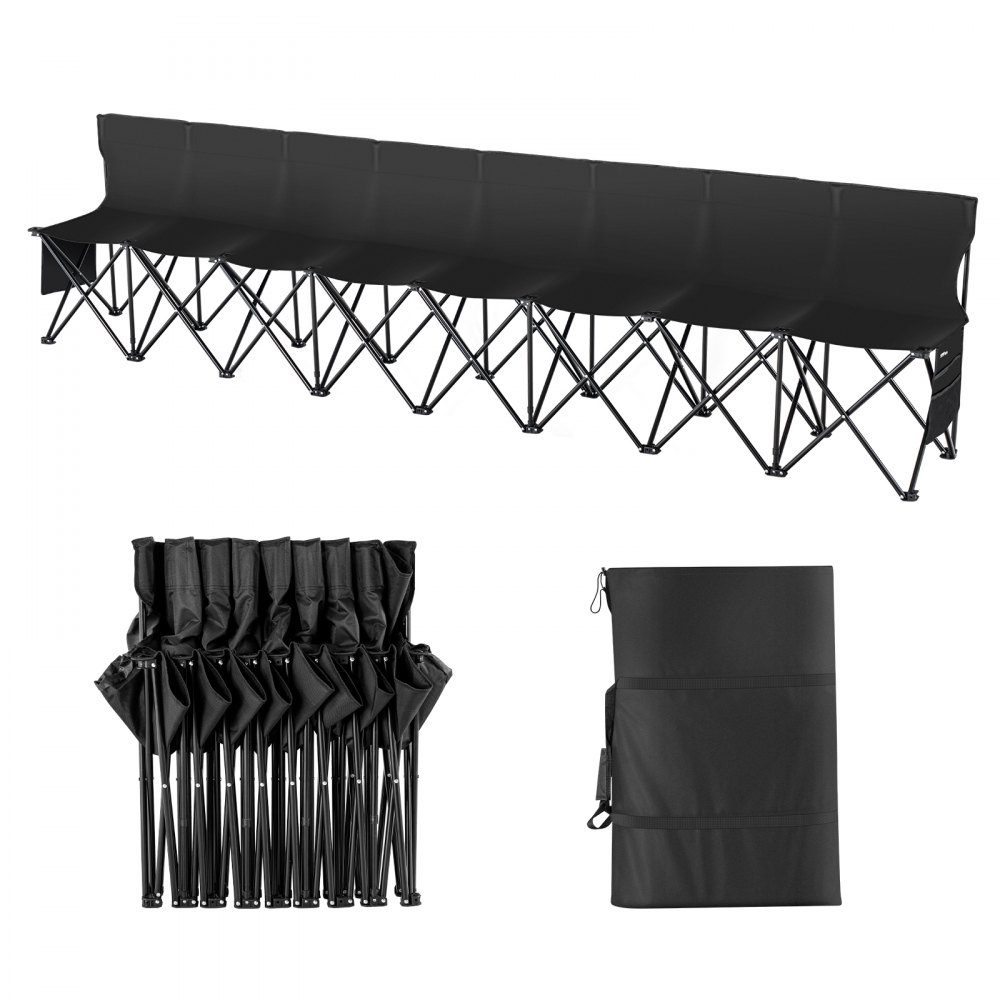 Portable Folding Bench 8 Seater Folding Side Bench Outdoor Camping Bench Chair with Carry Bag and Backrest Team Sports Side Bench for Football Fishing No Assembly Required Instant Sit Black