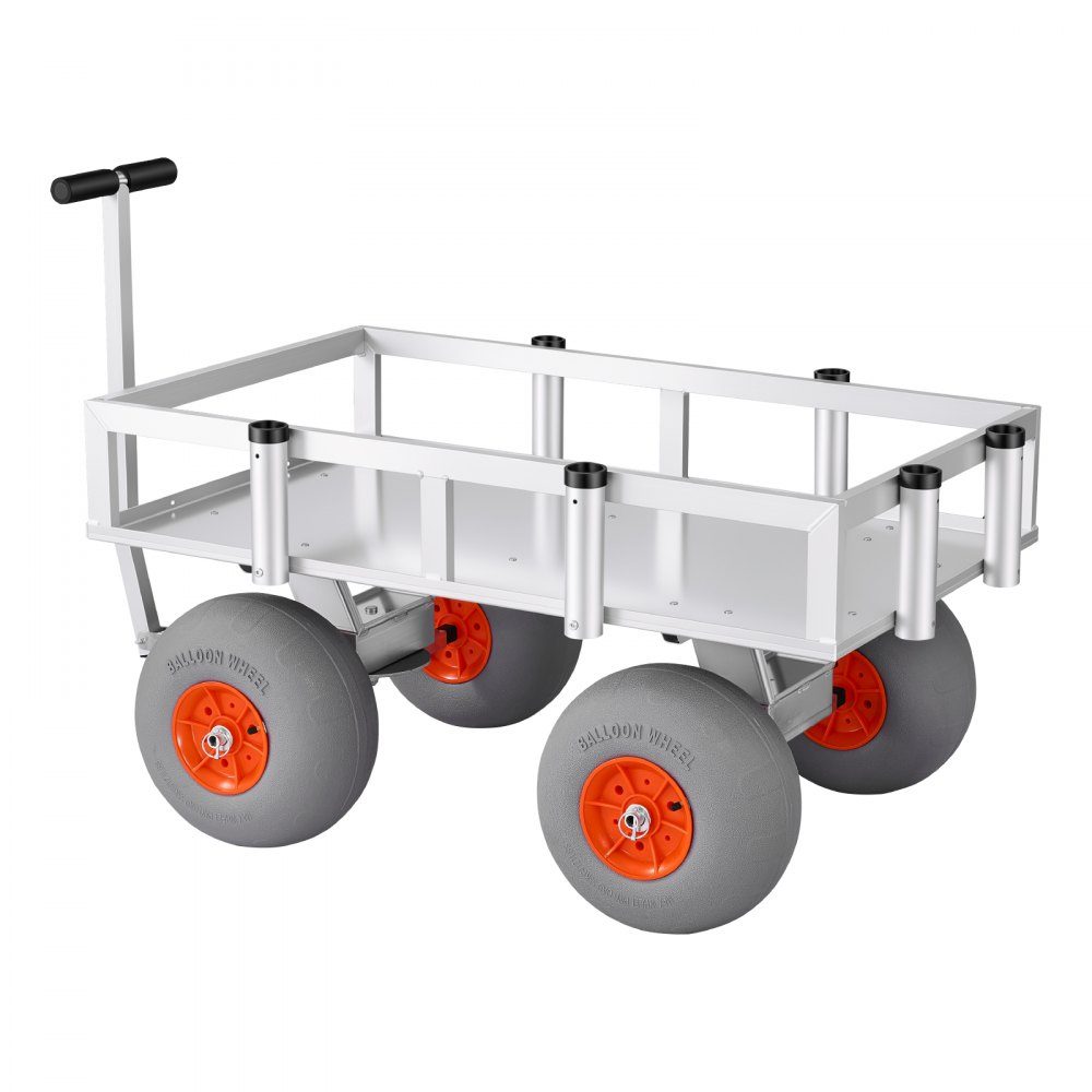 Folding Fishing Trolley, 159kg Handcart with 4 PU Pneumatic Tires for All Terrain, Transport Trolley with Aluminum Frame & 6 Rod Holders, Multifunctional Transport Trolley for Fishing, Camping, Beach