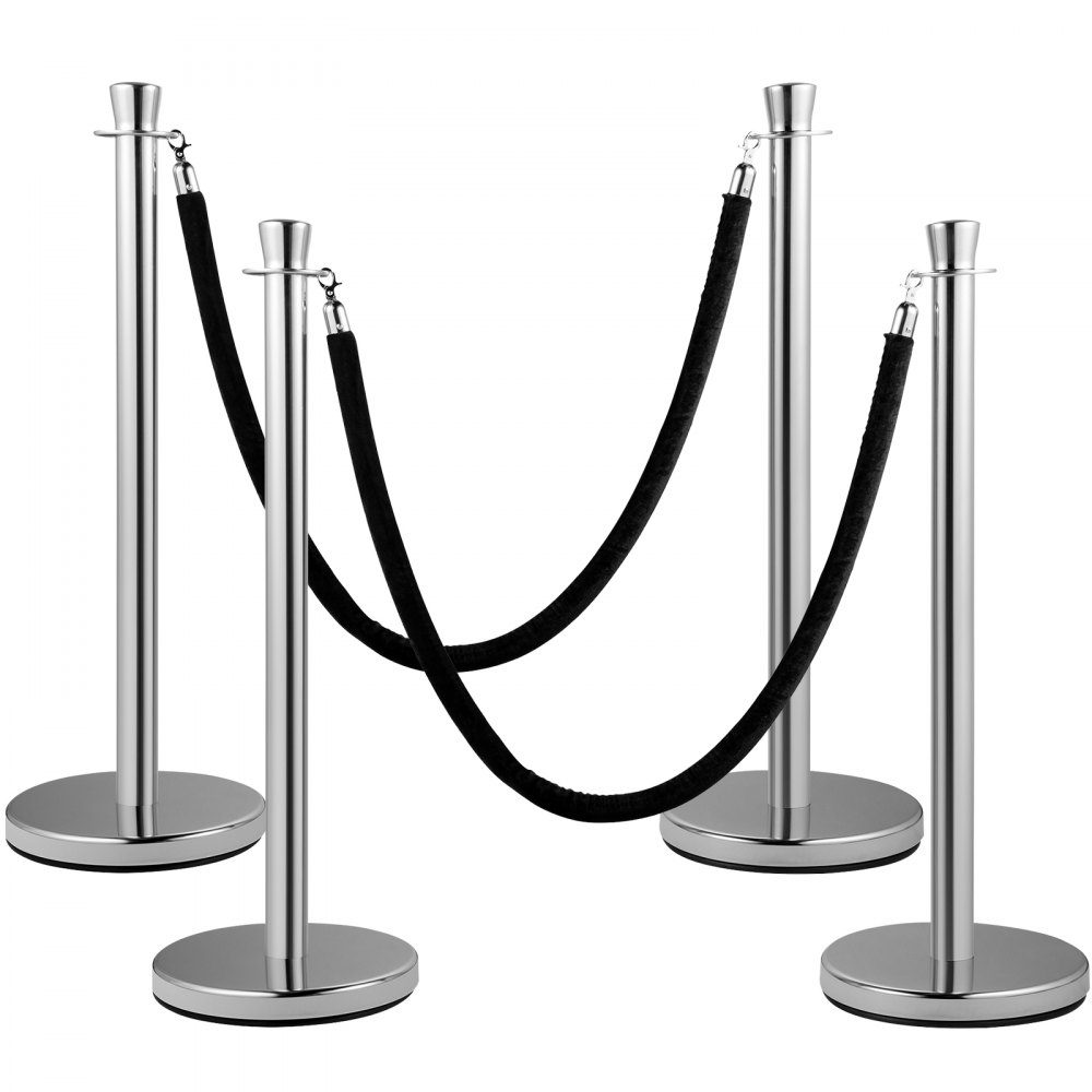 2 piece crowd control stake set with 1.5m black velvet rope, silver crowd control barrier with sturdy concrete and metal base - easy to assemble