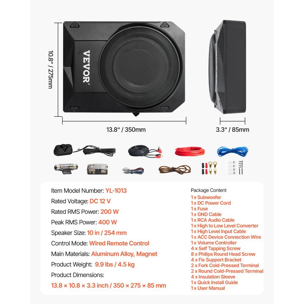 Subwoofer samochodowy pod siedzeniem 400 W, smukły subwoofer samochodowy o średnicy 254 mm, podsystem z wbudowanym wzmacniaczem, wejście wysokiego/niskiego poziomu i regulacja głośności dla SUV-ów, ciężarówek