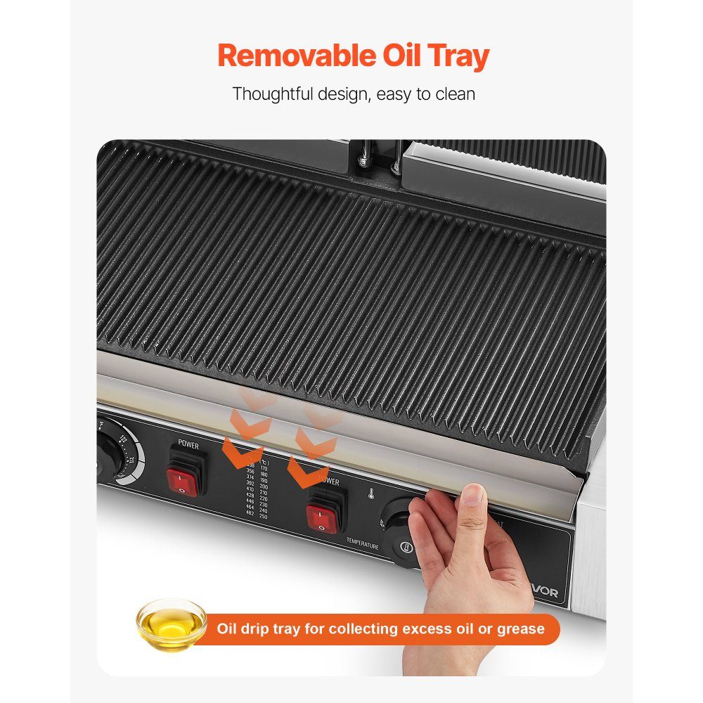Commercial Contact Grill 3600W Electric Grill Sandwich Maker (Double Baking Plates) Stainless Steel Panini Press with Temperature Control, 48x23cm Grooved Enamel Plate for Hamburger Steak Bacon
