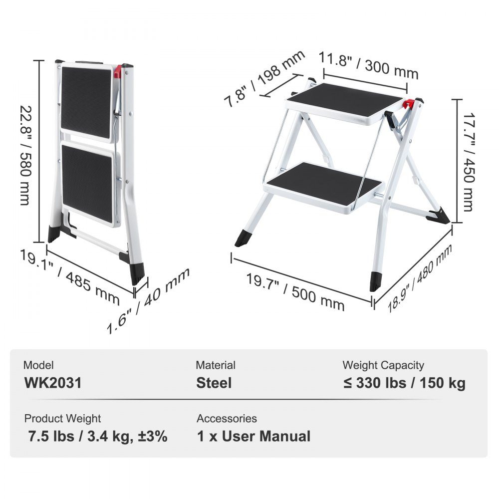 Household ladder 500x480x450mm folding step ladder made of steel step ladder 2 steps step ladder 150kg load capacity folding step double step ladder 445mm high kitchen ladder non-slip step stool